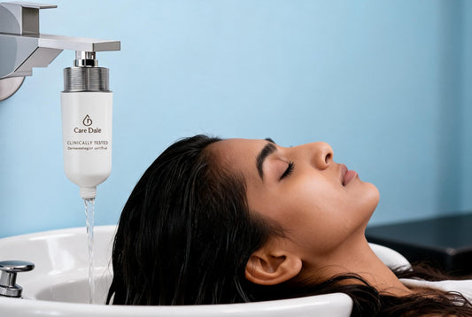 Hair being rinsed at a salon backwash basin under a Care Dale filter fitted to the basin arm