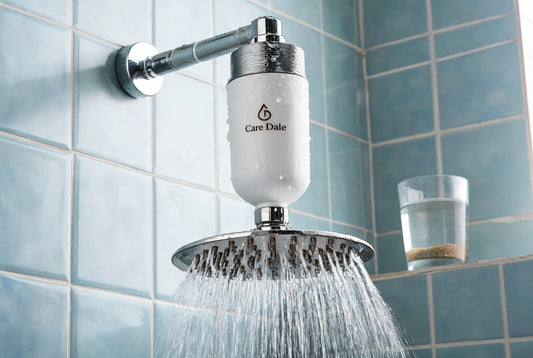 Care Dale shower filter above a showerhead, beside a glass of water showing settled sediment at the bottom