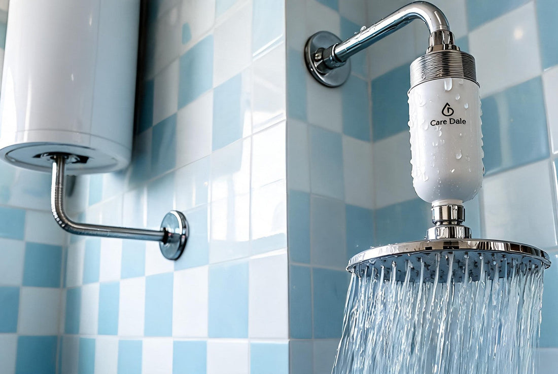 Care Dale filter installed on the shower arm downstream of the geyser, the correct point-of-use position