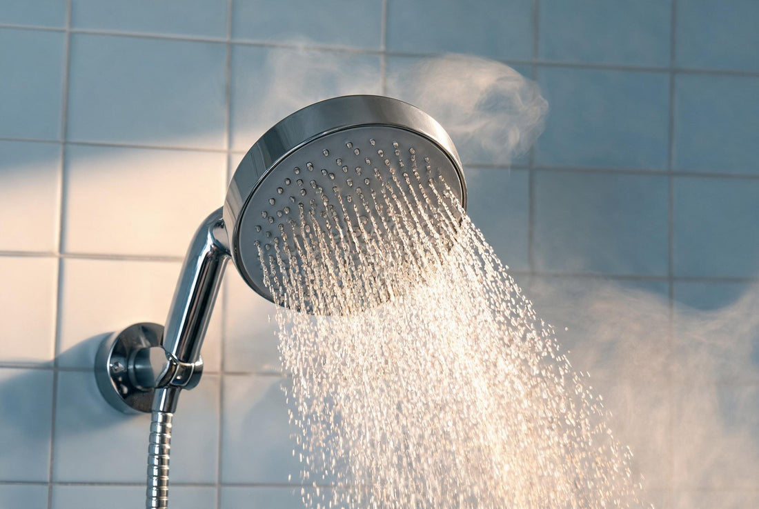 Close-up of shower water running from a chrome showerhead in an Indian bathroom, illustrating water odour diagnosis