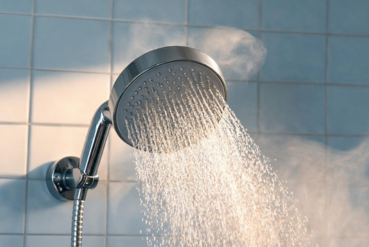 Close-up of shower water running from a chrome showerhead in an Indian bathroom, illustrating water odour diagnosis