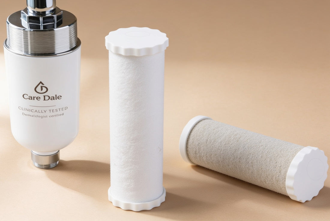 The Care Dale filter beside two cartridges, each capped at the end with a closed white fluted collar rather than an open top inlet