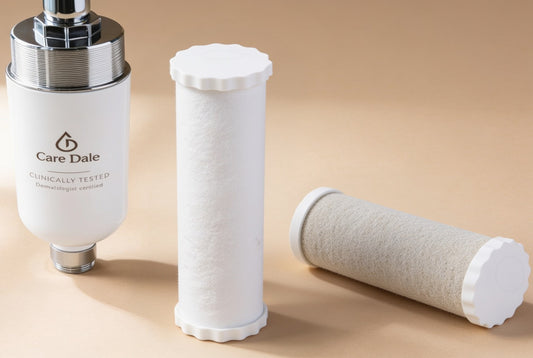 The Care Dale filter beside two cartridges, each capped at the end with a closed white fluted collar rather than an open top inlet