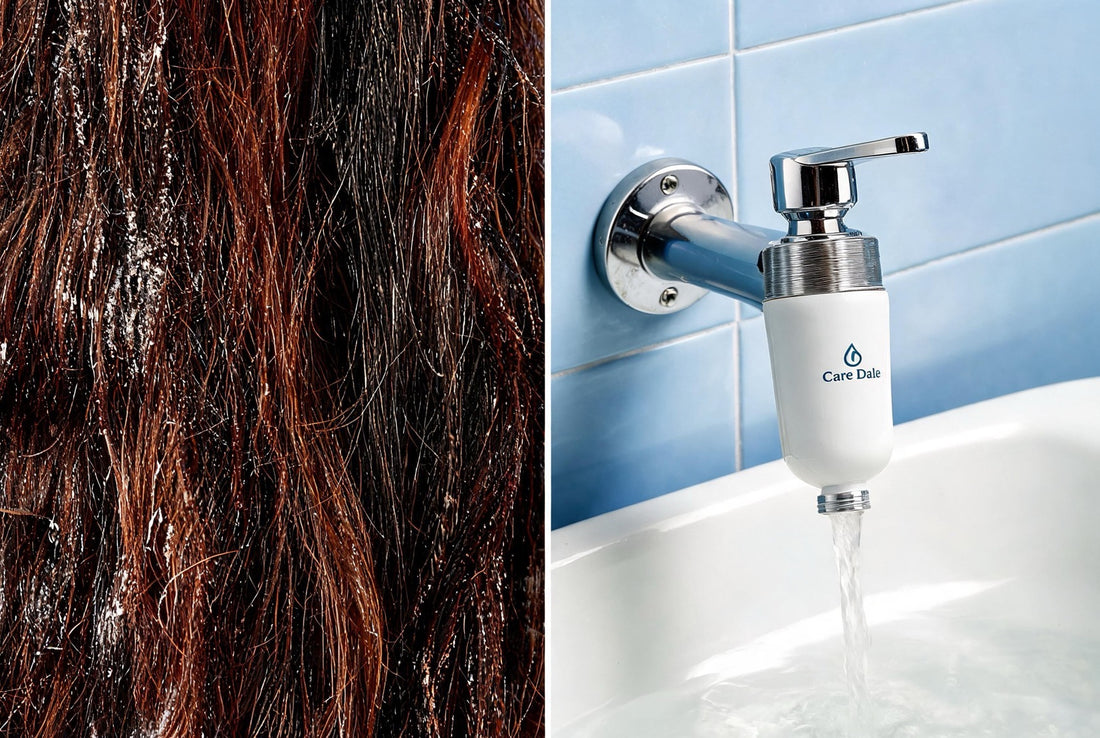 Before-after hair comparison showing hard water damage vs healthy hair with Care Dale filter