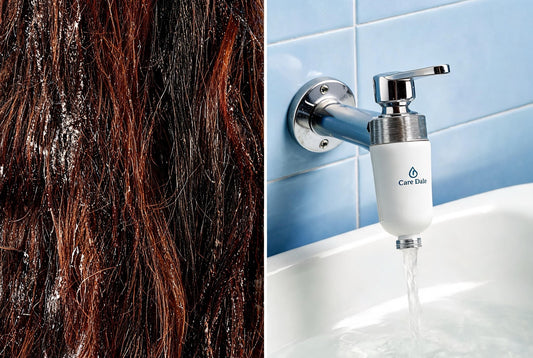 Before-after hair comparison showing hard water damage vs healthy hair with Care Dale filter