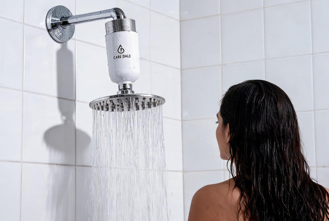 Care Dale shower filter fitted above a showerhead, reducing the hard water residue linked to scalp odour after washing
