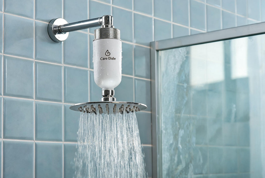 Care Dale shower filter above a showerhead, with hard-water haze on the glass shower screen behind