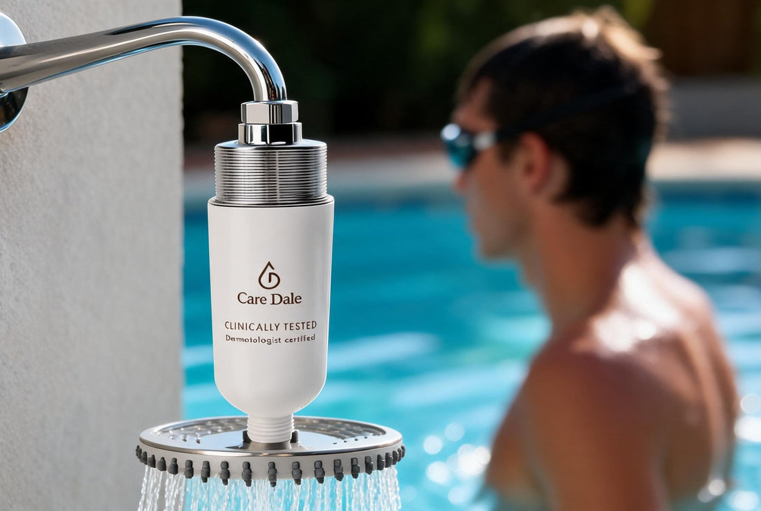 A poolside shower fitted with a Care Dale filter above the showerhead, a swimmer in the pool behind