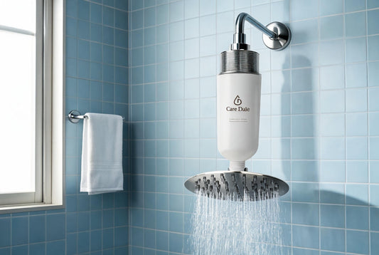 A Care Dale filter between the shower arm and a running rain showerhead in a blue-tiled bathroom