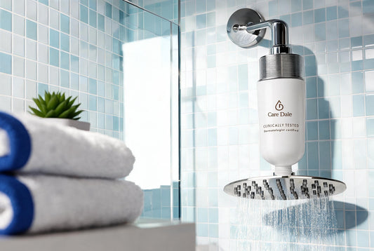 Care Dale filter fitted between the shower arm and a rain showerhead in a bright tiled bathroom, treating bathing water