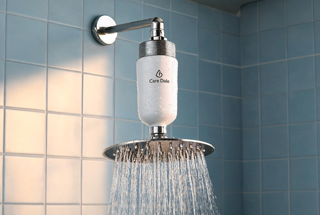 Care Dale shower filter on a shower arm in warm seasonal light, for hardness that shifts through the year
