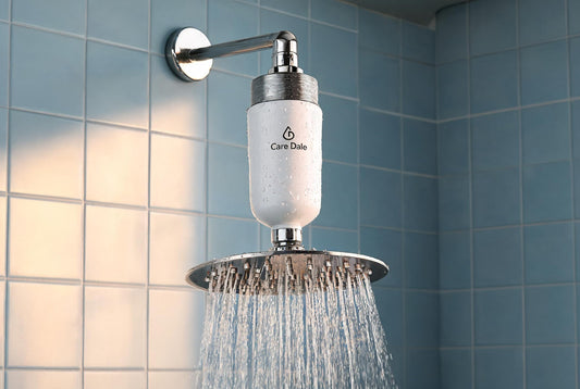 Care Dale shower filter on a shower arm in warm seasonal light, for hardness that shifts through the year