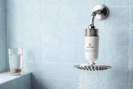 Care Dale filter on a shower arm above a rain showerhead, beside a glass of water with sand settled at the bottom