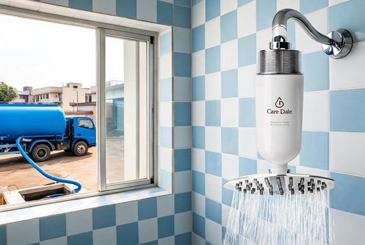 Care Dale filter above a running rain showerhead, with a water tanker filling a compound sump seen through the window
