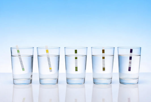 Water hardness test strips in glasses of tap water showing a range from soft to very hard
