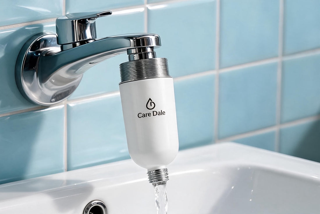Care Dale tap filter fitted inline below a standard Indian bathroom tap, water running into the basin