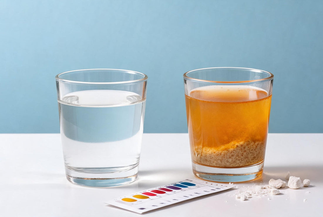 Clear water beside yellow iron-tinged water with a hardness test strip, showing how to tell the two apart