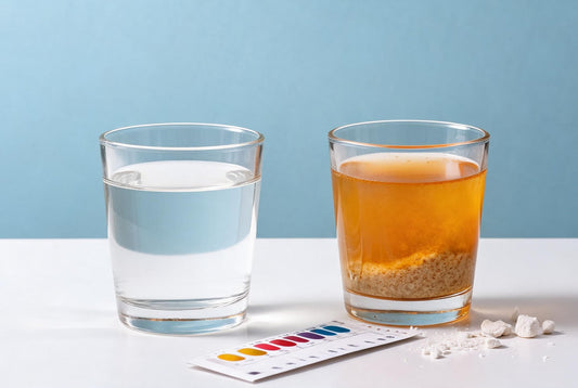 Clear water beside yellow iron-tinged water with a hardness test strip, showing how to tell the two apart
